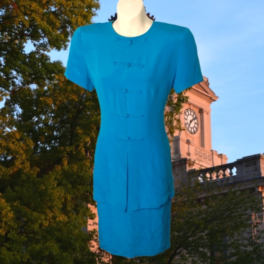 Vintage ADRIANNA PAPELL Silk Turquoise Blue Pankou Knot Peplum Dress